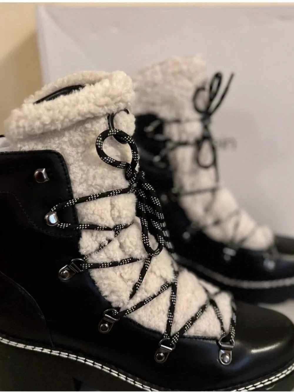 Calvin Klein Black Leather and White Sherpa Lace-Up Winter Boots